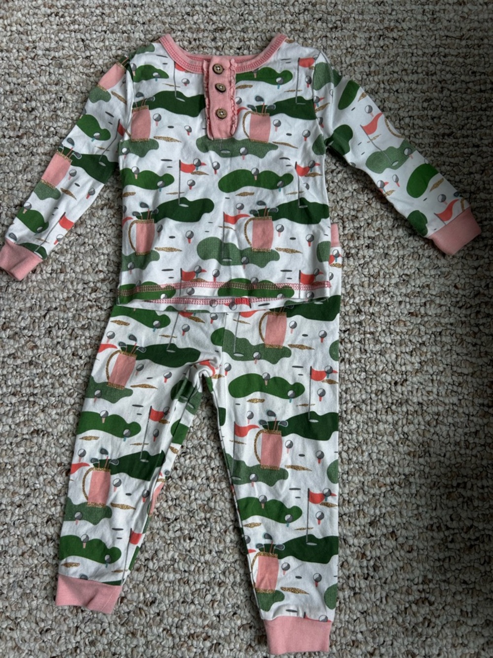 Mudpie Baby girl two piece pajama set 9-12 months pink golf course golf clubs